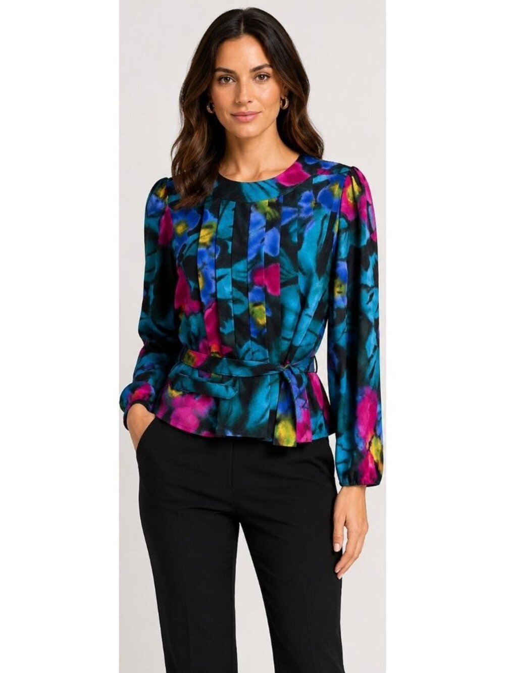 VTG Women’s Floral Belted Blouse Size 8 Bright Botanical Retro Elegance